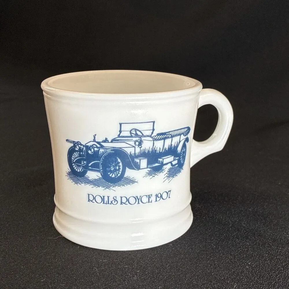Vintage Surrey Shaving Mug Blue Rolls Royce 1907 USA Milk Glass 3.5” Grandpacore